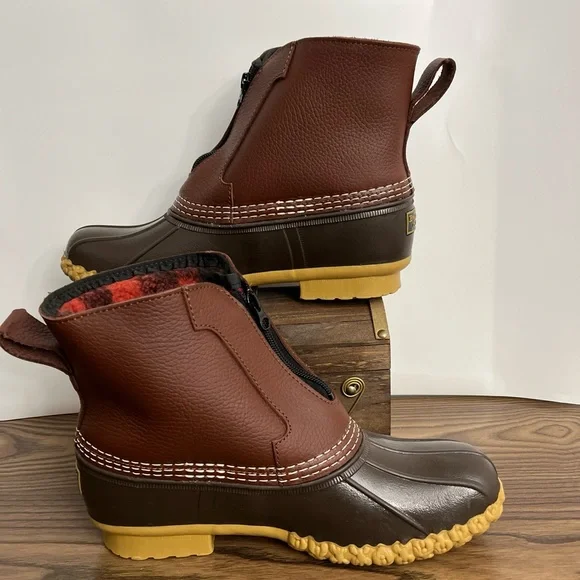 LL Bean Brown Leather 7" Front Zip Fleece Lined Insulated Duck Boots Women sz 9 - Picture 3 of 12